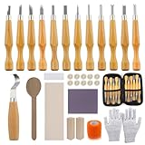 Holz Schnitzwerkzeug Set, Schnitzset mit 33 Teilen, Schnitzmesser, Holzschnitzset für Anfänger, Erwachsene und Kinder, Holzschnitzmesser mit Linde Holzblö cke für DIY Herstellung Löffel, Tasse