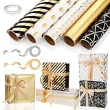 5 Rollen Geschenkpapier Set, 43cm x 3m Geschenkpapier Geburtstag Geschenkpapier Schwarz Gold Geschenkpapierrolle mit Schleifenband Gold für Kindergeburtstag Hochzeit Babyparty Valentinstag Ostern