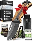 BERGKVIST® K30 Titanium Klappmesser (Zweihandmesser) - Mitführen in Deutschland erlaubt - 3-in-1 Taschenmesser für Outdoor, Camping & Survival mit Feuerstahl & Gürteltasche - Griff aus Olivenholz