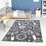 carpet city Teppich Kinderzimmer Weltall - Dunkel-Grau - 80x150 cm - Kinderteppich Kurzflor mit Sternen, Raketen, Planeten - Weicher Flor