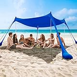 COMMOUDS Strandzelt, UPF50+ Sonnensegel Strand Strandmuschel, Tragbarer Strand Sonnenschutz mit 4 Aluminiumstangen und Sandsäcken für 6-8 Personen, Einfacher Aufbau für Strand, Angeln, im Freien