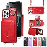 nancencen Hülle für iPhone 16 Pro Max (6.7') mit Band, Abnehmbare Hängekette zum Umhängeband mit Ring Ständer Einfarbig TPU Schutzhülle,Rot