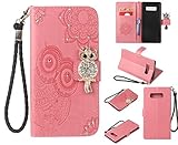 Artfeel Glitzer Diamant Brieftasche Hülle für Samsung Galaxy Note 8, Geprägt Eule Blume Leder Flip Kartenhalter Hülle,3D Bling Strass Magnetverschluss mit Handschlaufe Stand Handyhülle-Rosa