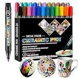 DQMEN 24x Spülmaschinenfeste Porzellanstifte,24 Farben Wasserbasierte Glas, & Porzellanstifte,Spülmaschinenfeste Glasmalstifte,Keramikstifte zur Dekoration & Bemalung (12x Einfärbig+12x metallfarbig)