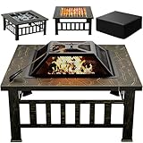 Greesum Multifunktionaler Terrassen-Feuerstelle, 81,3 cm, quadratischer Metall-Grill-Feuerstelle, Herd, Hinterhof, Gartenkamin mit Funkenschutzdeckel und Regenschutz, für Camping, Lagerfeuer und