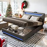 Bett 140x200, Polsterbett Doppelbett mit LED-Kopfteil and USB-C, Bett mit Stauraum, Hydraulisch Stauraumbett Boxspringbett mit Bettkasten, Bettgestell mit Lattenrost, Leinen, Ohne Matratze, Grau