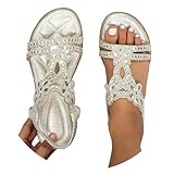 BIBOKAOKE Flache Sandalen Damen Große Größen Strass Bohemia T-Riemen Frauen Sandalen Weichen Sohlen Sommerschuhe Gummiband Slingback Sandalen Elegante schöne Sandalen Mädchen Strandschuhe