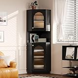 BXEYXE Badschrank mit Lichtleiste, Badmöbel, Eckschrank mit Zwei Ablagefächern, offenes Fach mit verstellbaren Einlegeböden, 45x 45 x 166,5 cm, schwarz