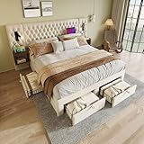 ZIDEY Bett mit Nachttischen, Schlafzimmer Komplett Set 180x200 Polsterbett mit LED&USB&4 Schubladen, Doppelbett Stauraumbett Bettgestell mit Lattenrost, Samt, Ohne Matratze,Beige