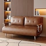 KAANAA Braunes Leder-schlafsofa, modernes Sofa mit Schlaffunktion, Couch mit Klappmatratze und Metallfüßen, vielfältig einsetzbar für Wohnzimmer, Schlafzimmer & kleine Räume（150cm）