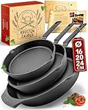 KRUSTENZAUBER 16+20+24cm Gusseisenpfannen Induktion - Voreingebrannte Gusseisen Pfannen - Ideale Grillpfanne Induktion, Eisenpfanne, Cast Iron Pan, Bratpfanne, Gusseiserne Pfanne Skillet Gusspfanne