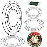 AFASOES 4 Stück Draht Kranz Drahtkranz mit 35 m Floristendraht Dunkelgrün Kranz Metall Wire Wreath Frame zum Basteln Kranz Rahmen für Weihnachten Halloween Valentines Party Dekoration (12/10/8 inch)