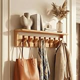 BaoBaJiu Piano Wandgarderobe mit Ablage - Massivholz Gummibaum Flurgarderobe mit Klapphaken, Modernes Schweberegal & Kleiderhaken für Post, Deko, Hut, Tasche, Schwerlast(Natürlich,8 Haken (52cm))
