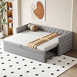 Polsterbett Ausziehbares Schlafsofa, 90*200 cm, Klassische Vollform mit Knöpfen, Mit Lattenrost, Multifunktionales Bett-Gästebett, Hautfreundlicher Samtstoff, (Matratze nicht enthalten) (Hellgrau)