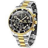 OLEVS Herren Armbanduhr Edelstahl Bicolor Groß Chronograph Herrenuhren Schwarz Zifferblatt Leuchtend Wasserdicht Uhren Herren Silber Gold Metallarmband Arabischen Ziffern Männer Uhr mit Datumsanzeige