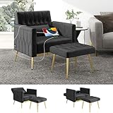 GRAVFORCE Ohrensessel mit Hocker, Sessel Wohnzimmer mit 2 Ladesports, Lesesessel Fernsehsessel Polstersessel Relaxsessel Loungesessel belastbar bis 159 kg Stilvolles Design Samt Schwarz