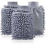 com-four® 3X Waschhandschuh für KFZ und Haushalt - Microfaser-Handschuh - Chenille-Handschuh - Putzhandschuh für die Autopflege, Autowäsche und Fensterreinigung (3-teilig - grau)