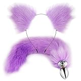 Katze Anime Maid Rollenspiel Kostüme Ohren Stirnband Flauschiger langer Fuchsschwanz Metall Anal Butt Plug für Frauen Paar Sex Tool Flirt Spielzeug (Purple)