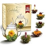Creano Teeblumen Mix - goldenes Geschenkset Erblühtee mit Glas Teekanne weißer, grüner & schwarzer Tee in 6 Sorten Geschenk für Frauen 7 teilig