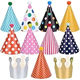 Chstarina 11 Stück Partyhüte zum Geburtstag mit Pompons, Partyhüte Party Kegel Hüte, Geburtstagshut Geburtstagskrone für Kinder, Geburtstagsfeier Dekoration für Kindergeburtstag, 26×16×2cm