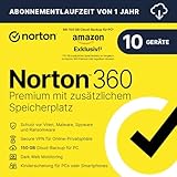 Norton 360 Premium mit extragroßer Backup-Kapazität – Amazon Exklusiv* 75GB zusätzlicher Cloud-Backup Speicher. Antivirus Software für 10 Geräte und einem Jahr Laufzeit