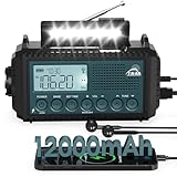 Roxicosly Kurbelradio, Notfallradio mit 12000 mAh Power Bank, AM/FM Baustellenradio, Kurbel & 5-Wege Solar Radio mit Weltempfänger, Als Taschenlampe & Ladegerät, für Outdoor, Camping, Notfall