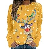 Generico Sweatshirt Damen Weihnachten Curvy, Sweatshirt Damen Weihnachtsmann Angebot Übergroße Weihnachtsshirt mit Aufdruck Tops Langarm Bequem T-Shirt Weihnachten Pullover Damen Weihnachten, gelb, L