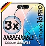 UTECTION 3X Schutzfolie [Besser als Glas] für iPhone 16 PRO - Perfekte Display passform mit ALLEN Hüllen kompatibel - Unzerstörbarer Displayschutz, Super Haptik & Kinderleichte Anbringung