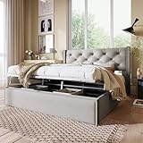 Boxspringbett Doppelbett Polsterbett 160*200CM, Bett mit Lattenrost aus Metallrahmen & Bettkasten, Hydraulisch Stauraumbett mit Großer Stauraum & höhenverstellbares Kopfteil (Ohne Matratze, Hellgrau)