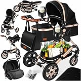 KESSER® Loops 4 in 1 Kinderwagen Kombikinderwagen Komplett-Set inkl. Babywanne & Buggy Sportsitz & Auto-Babyschale Voll-Gummireifen Wickeltasche Regenschutz Kindertisch ECE R129, Schwarz/Champagne