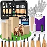 PUREWERK® Holzschnitzset für Kinder & Erwachsene - 22-teiliges Schnitzwerkzeug-Set mit 11 Schnitzmessern, 5 Holz-Blöcken, Schärfkit, Handschuhen & Anleitung zum Schnitzen für Anfänger