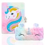 TOYESS Tagebuch für Mädchen mit Schloss, A5 Plüsch Einhorn Notizbuch Set Enthält Einhorn Notizbücher und Einhorn Federmäppchen, Geschenke für Mädchen 6 7 8 9 10 11 12 Jahre, Rosa