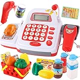 TOEY PLAY Kinderkasse mit Scanner und Sound Mikrofon, Kasse Spielzeug, Kaufladen Einkaufsladen Zubehör, Spielkasse Kinder Rollenspiel Geschenk für Mädchen Jungen ab 3 4 5 Jahre