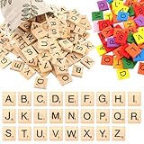 RISF 204 Stück Holzbuchstaben Set, A Bis Z Scrabble Buchstaben Holz, 20 x 18 x 5mm Holzbuchstaben Klein mit Kordelzugbeutel, Holz Alphabet Fliesen für Lernen, Rechtschreibung, Brettspiele