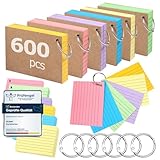 Siumir 600 Stücke Karteikarten, Doppelseitiger Druck, A7 Lernkarten, mit Krafteinband und Loseblattring, Sechsfarbige Linierte Karteikarte, geeignet für Büros & Wohnungen & Schulen (10,4 x 7,6 cm)