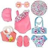 Puppen Badeanzug Set, 8-teiliges Sommer Puppenzubehör Set mit Sonnenbrille, Flip Flops und Handtasche, Schwimm Set für Puppen 18 Zoll, Puppen Kleidung Outfits, für 35-45 cm New Born Baby Puppen
