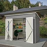 Gegtuon Metall Gerätehaus 229x111x182 cm, Geräteschuppen Gartenhaus mit Satteldach, Gartenschrank mit 2 Türen & Stauraum Regal, Wetterfest Outdoor Schuppen Gartenschuppen für Garten Terrasse, Grau