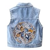 YFPICO Mädchen Jeansweste Kinder Mädchen Denim Weste Ärmellose Jacke mit Stickerei Jeans Mantel Oberbekleidung Weste für Frühling und Herbst