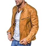 Casual Jacke Herren Einfarbig Frühling Lederjacke Herren Stehkragen Mehrere Taschen Motorradjacke Herren Reißverschluss Dekoration Übergangsjacke Herren E-Light Brown L