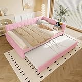 Daybett 140*200cm Tagesbett, Schlafsofa, Bett mit Lattenrost, mit LED-Lichtleiste und USB-Anschluss, mit multifunktionalem Ausziehbett, Komfortmaterial, Vliesimitat (Rosa mit Ausziehbett, 140x200CM)
