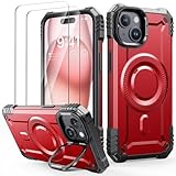 Lanhiem für iPhone 15 Hülle mit 2 Stück Panzer Glas Kompatibel mit MagSafe, Kamera Ständer Magnetisch Handyhülle für iPhone 15 Schutzhülle Stoßfest Militärschutz Case, Rot