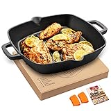 OVERMONT Grillpfanne Gusseisen mit Griff - Gusseisenpfanne quadratisch 26CM - Voreingebrannte Steakpfannen Bratpfanne - Cast Iron Pan für Gasgrill Backofen Kohlegrill