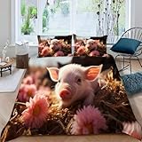 Bettwäsche 135x200 Schwein Bettbezug 3D Druck Niedliche Schweine Bettbezüge Kuschelig Weich Mikrofaser Deckenbezug 135x200 cm mit Reißverschluss + 2 Kissenbezüge 80x80 cm B-4587
