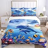 BNREDA Bettwäsche Schildkröte 135x200,3D unterwasserwelt Bettwäsche Set,Delfin,Tropischer Fisch,Korallen,Meeresleben Bettbezug,Blaue Unterwasserwelt Bettbezug für Kinder (B, 100x135cm)