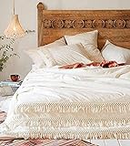Sacebeleu Bohemian Bettwäsche 135x200 cm 4 Teilig Baumwolle Beige Weiß mit Quasten Dekoration Boho Style,2 Bettbezug und 2 Kissenbezug 80x80cm mit Reißverschluss