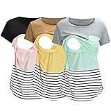 3er Pack Stillshirt Damen Umstandsmode Kurzarm Rundhals T-Shirt Bluse Stillkleidung Umstandsshirt Nursing Umstandstop Schwangerschaft Kleidung Stilltop Basic Oberteil Kariertes Hemd (02-Grey, XL)
