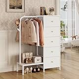 Trironsun Schmaler Stoffkommode mit 5 Schubladen und Kleiderstange Kinderkleiderschrank mit Hängeregal umkehrbar montierbar platzsparender Kleiderschrank für Schlafzimmer oder Kinderzimmer (Weiß)