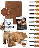 HOLZHELD Schnitzwerkzeug und Schnitzrohling (17-teilig) in sehr edler Ledertasche. Inkl. Anleitung zum Schnitzen & gr. Holzrohling aus Lindenholz.