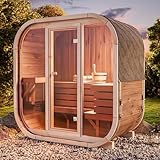 FinnTherm Fasssauna Ellipso M, Moderne Outdoor Sauna inkl. Dacheindeckung, Kompakte Gartensauna mit Glasfront, Außensauna: B 196 x T 119 x H 203 cm, 3 Personen