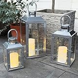 3er Set Gartenlaterne Windlicht Laterne Laternen Metalllaterne Set Dekoration Außen Metall Silber H24/33/41cm